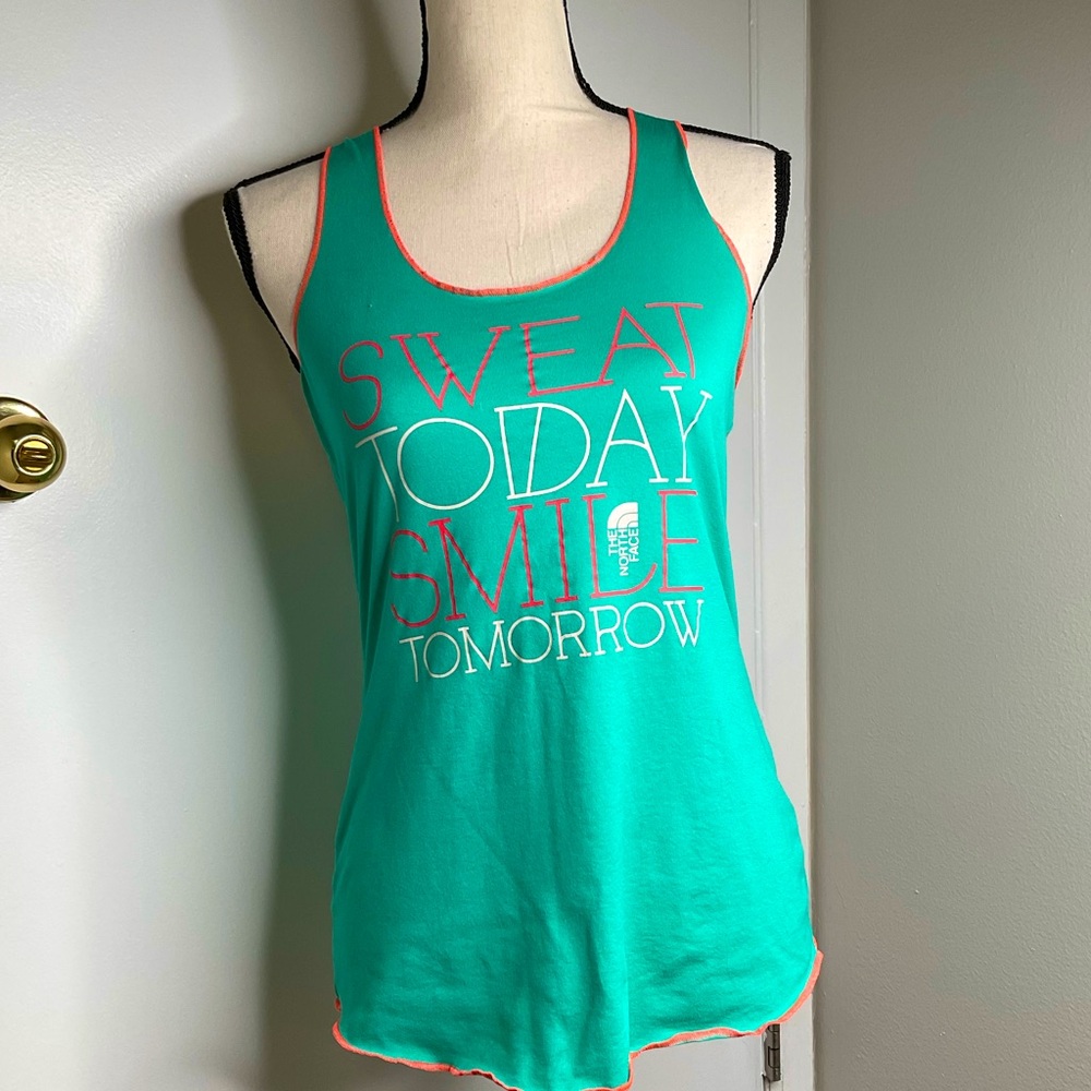 The North Face Sweat Today Smile Tomorrow Tank, racerback, teal & coral, EUC